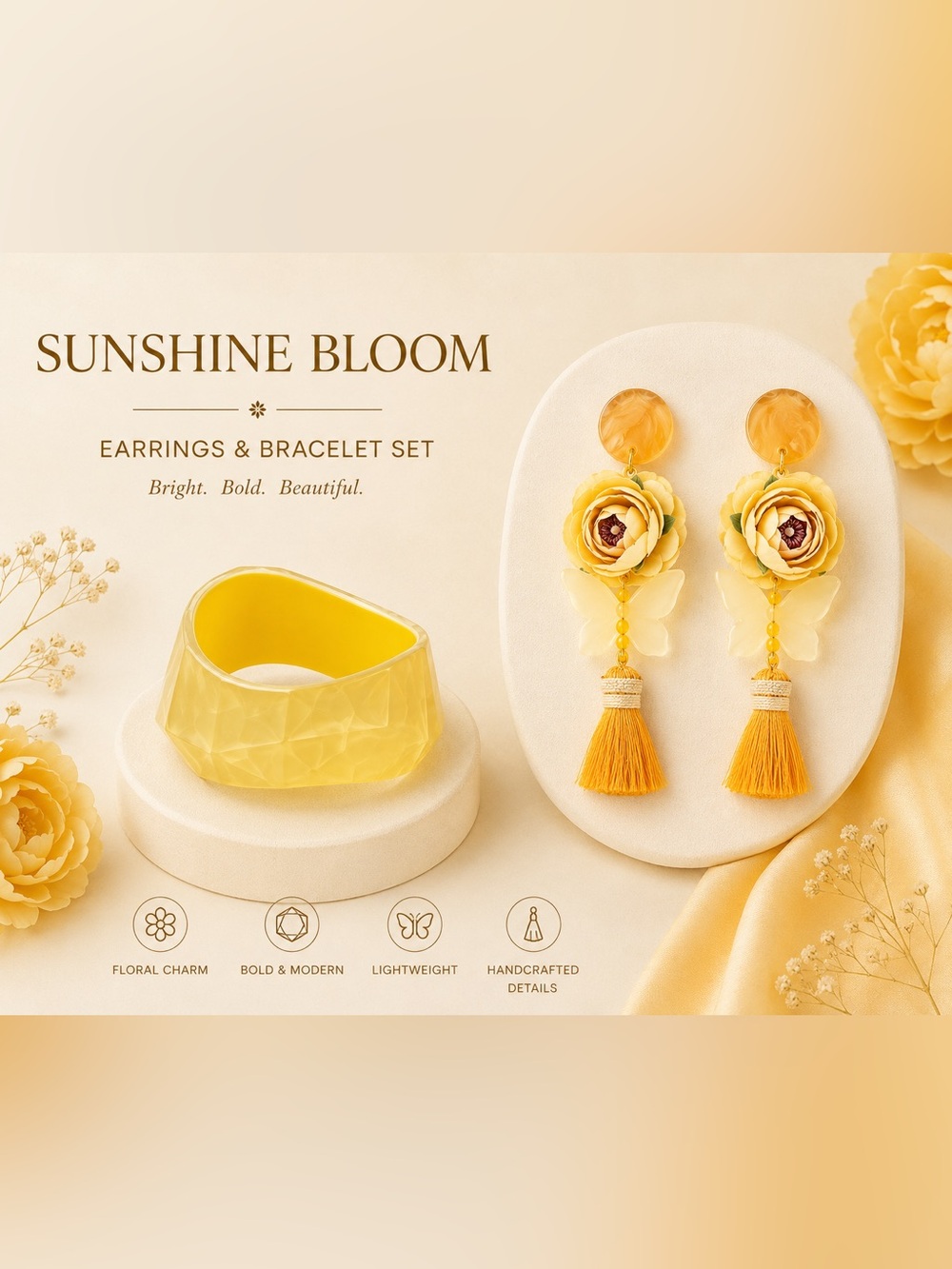 Sunshine Bloom Yellow Floral Earrings with Tassel Detail and matching bracelet